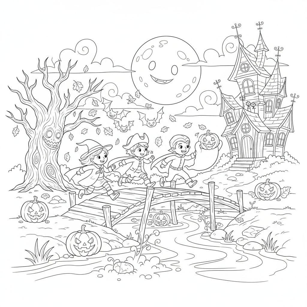 A halloween adventure scene with excitement and movement