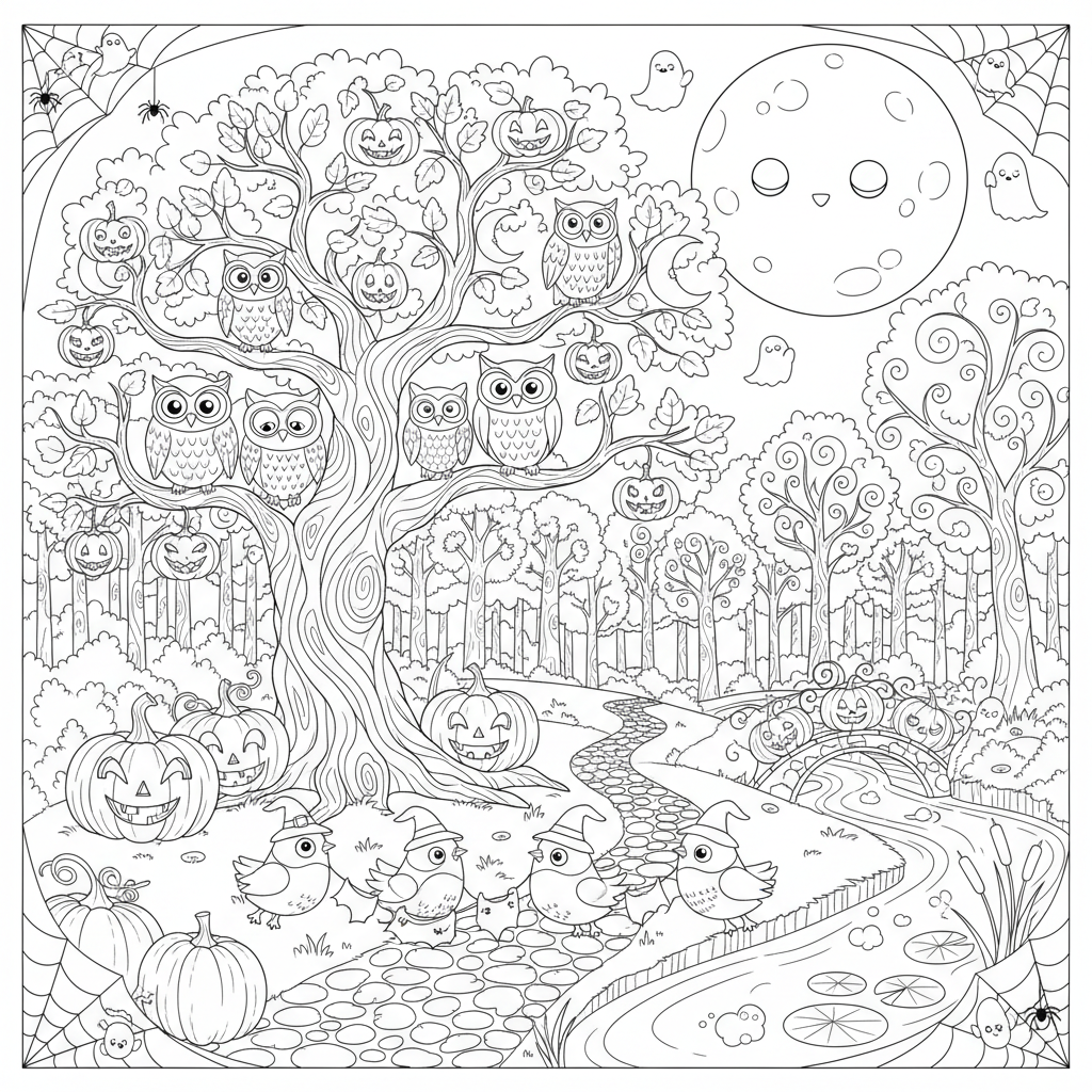 A peaceful halloween scene in nature with trees and birds