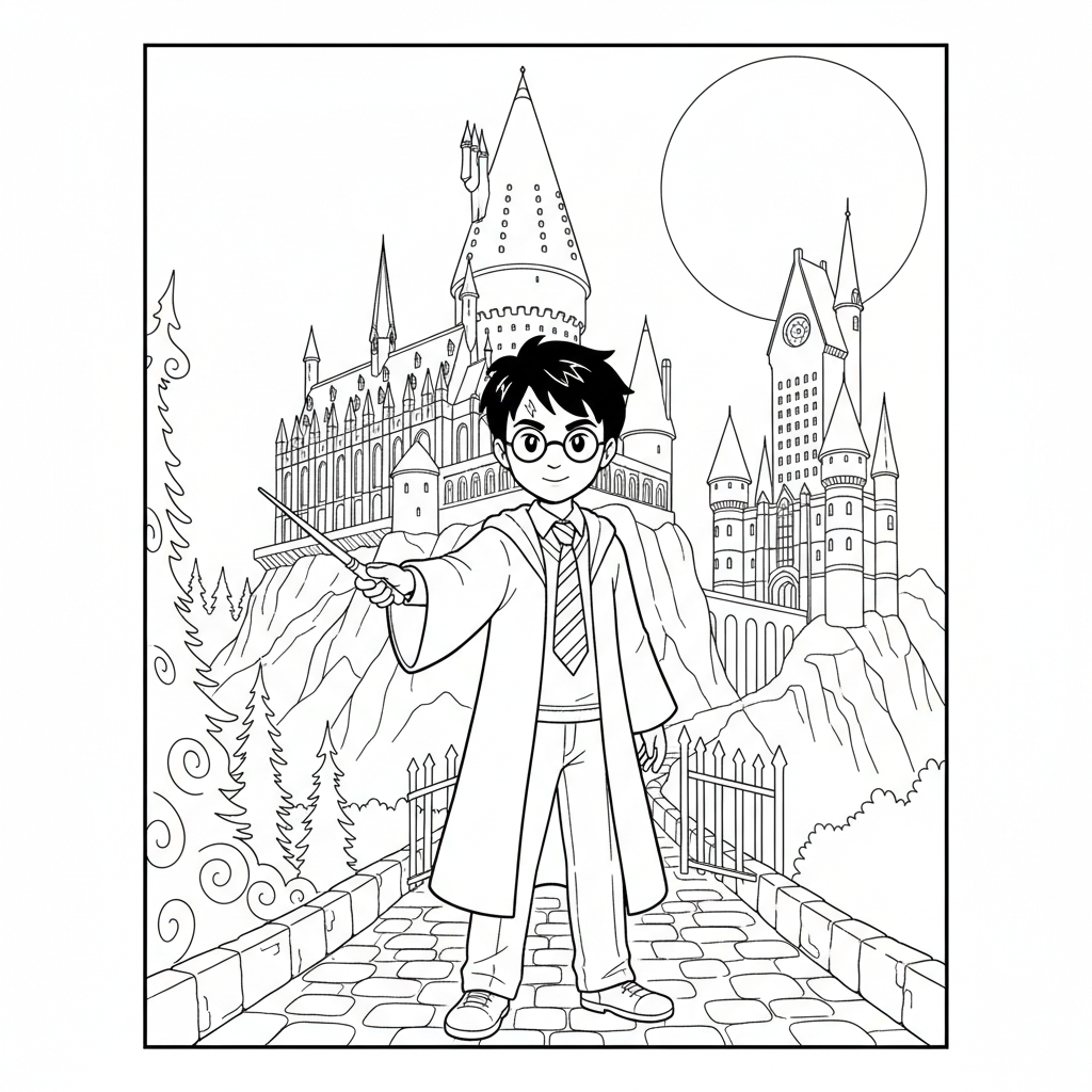 Harry Potter standing in front of Hogwarts Castle with his wand