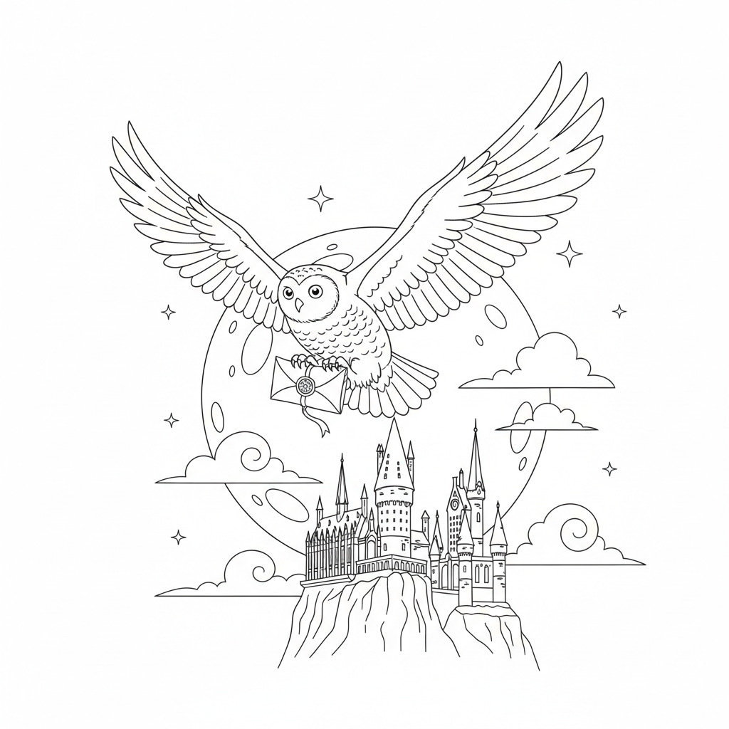 Hedwig the owl flying with a letter over the castle at night