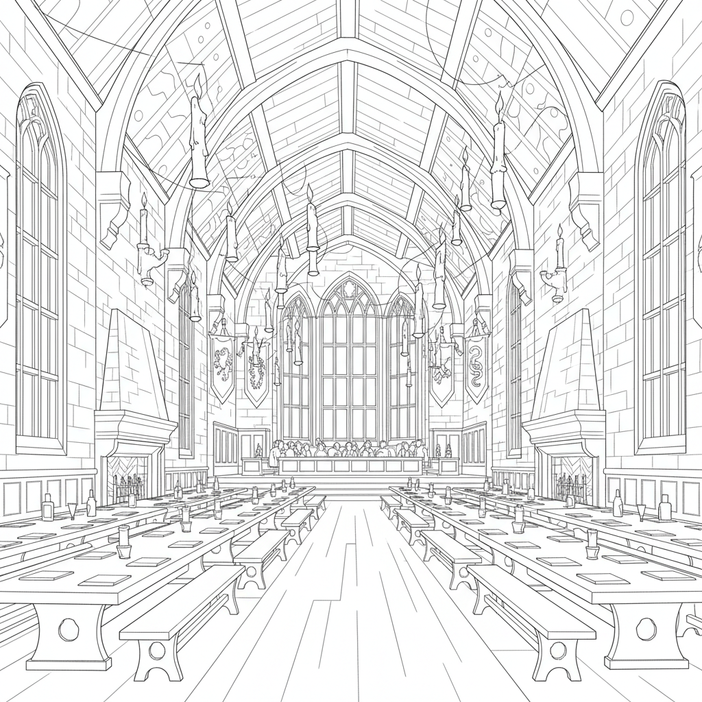 Hogwarts Great Hall with floating candles and long house tables
