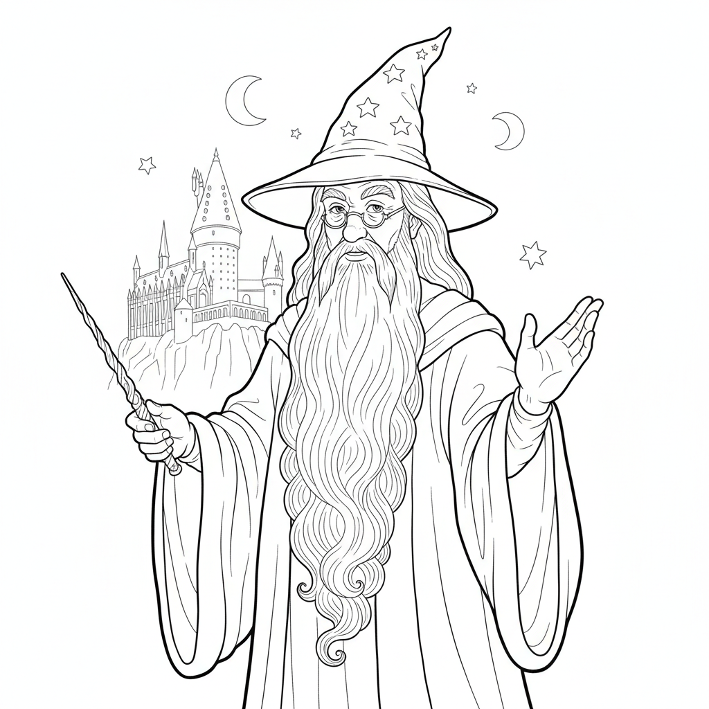 Dumbledore with his long beard and half-moon spectacles