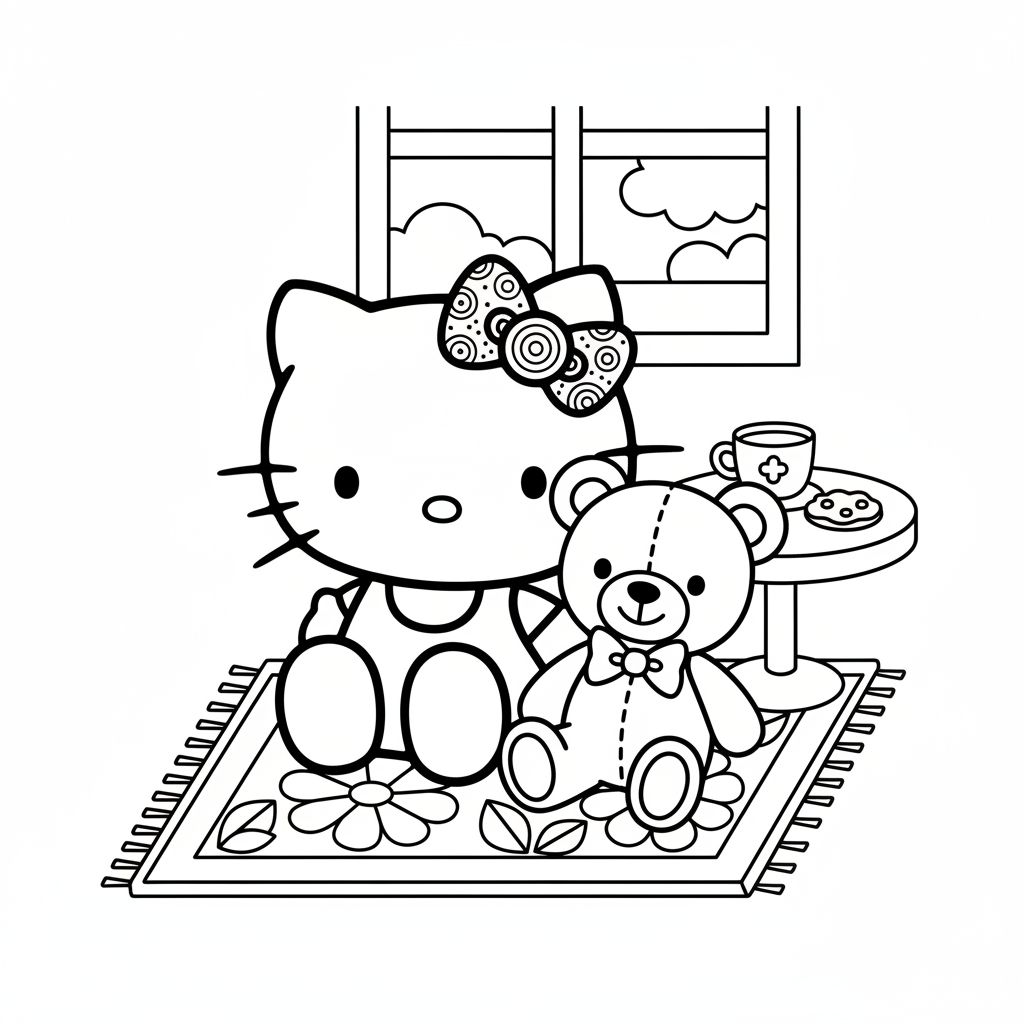 Hello Kitty wearing a big red bow sitting with a teddy bear
