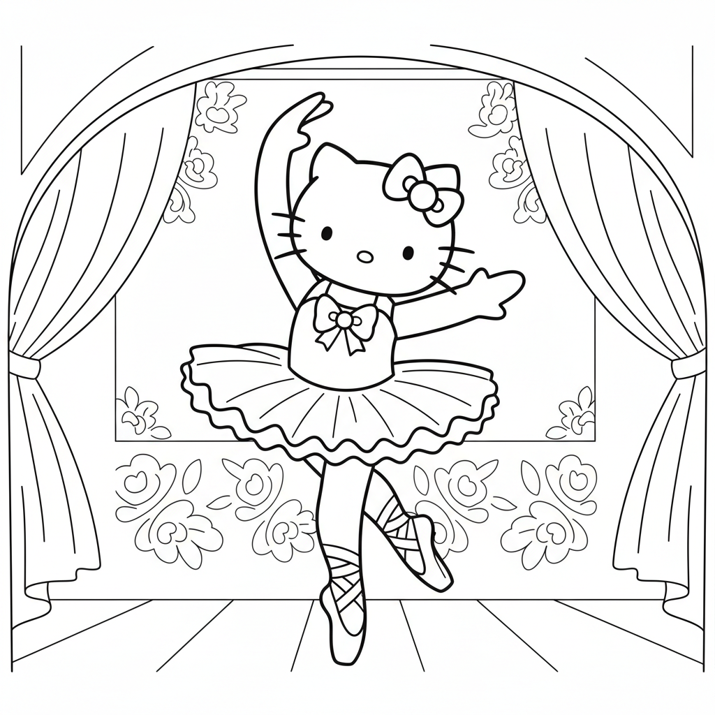 Hello Kitty dressed as a ballerina dancing gracefully