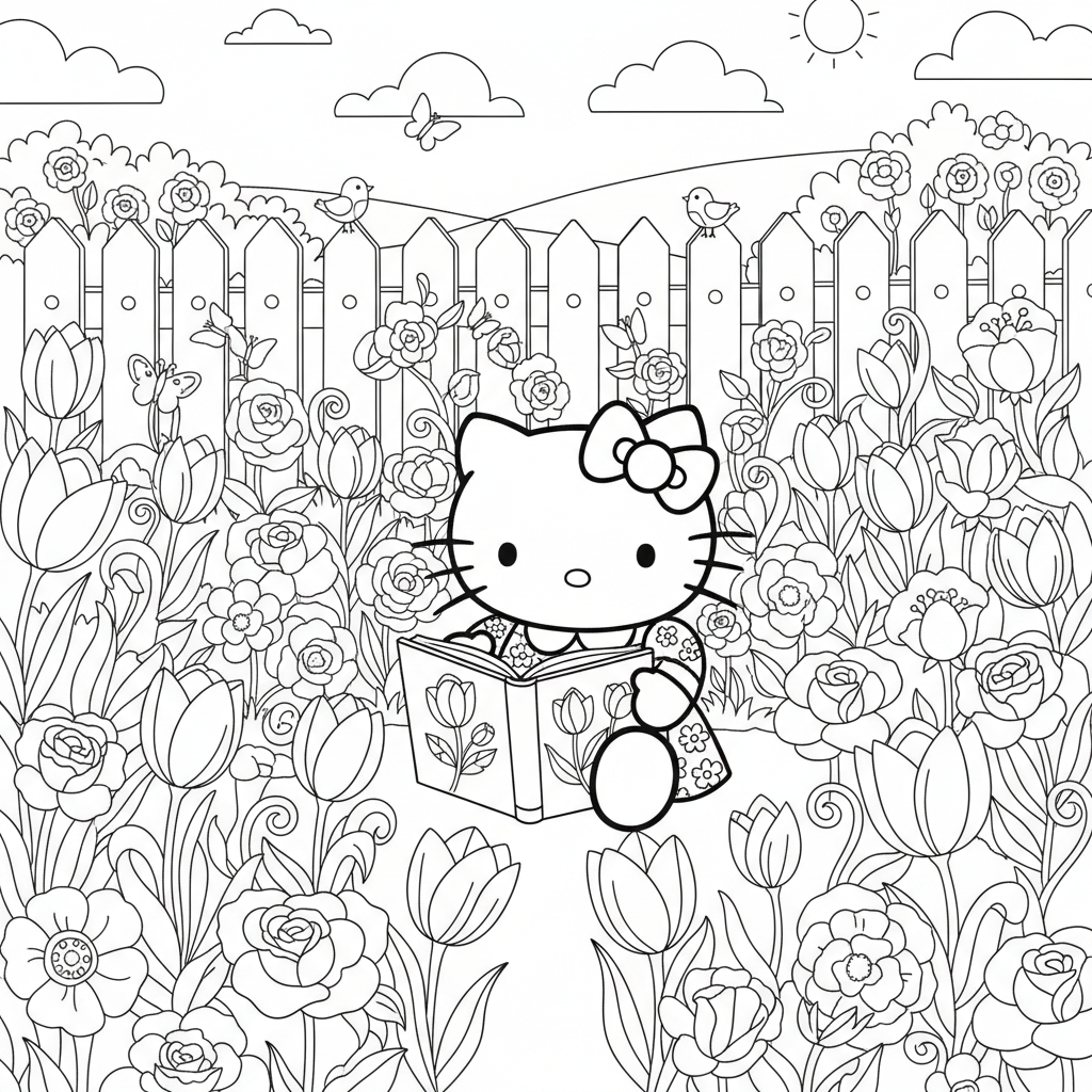 Hello Kitty in a flower garden surrounded by tulips and roses