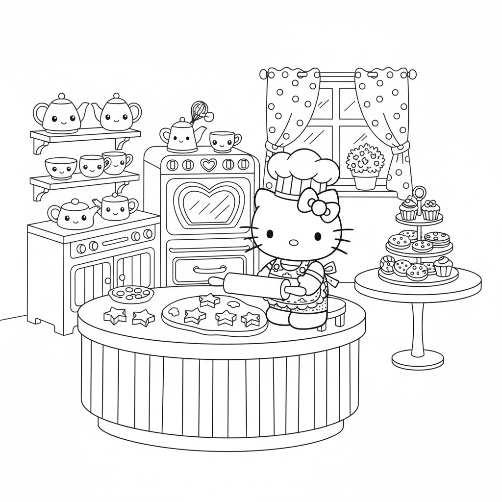 Hello Kitty baking cookies in a cute kitchen