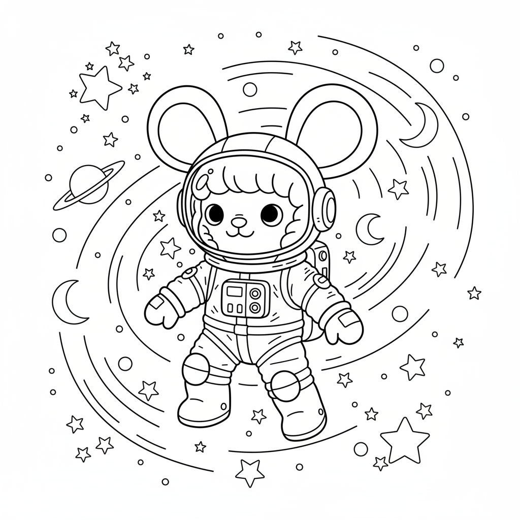 Labubu dressed as an astronaut floating in space with stars