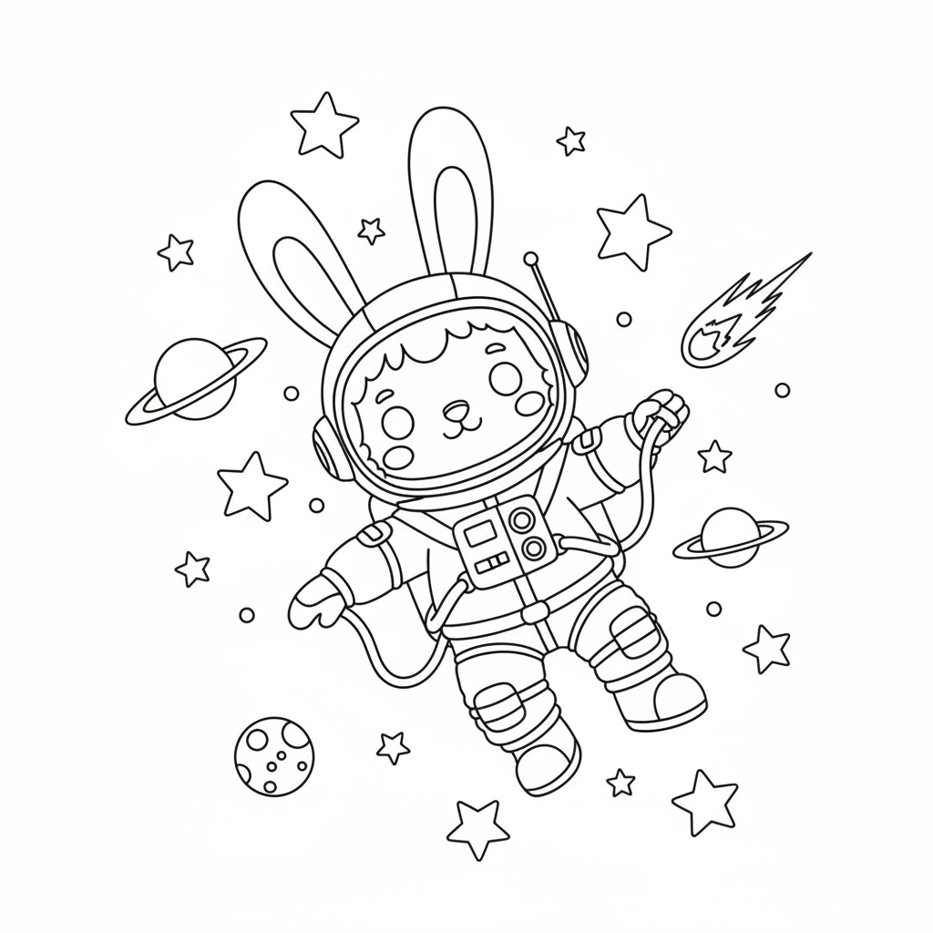 Labubu dressed as an astronaut floating in space with stars