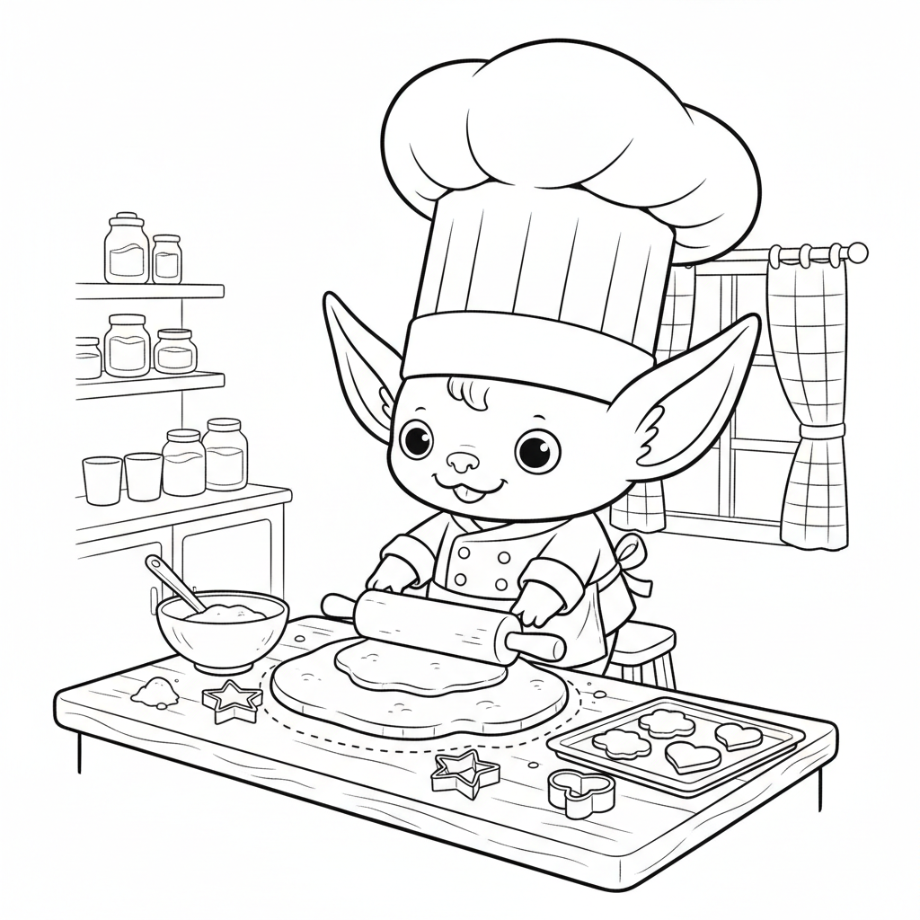 Labubu as a tiny chef with a big chef hat making cookies