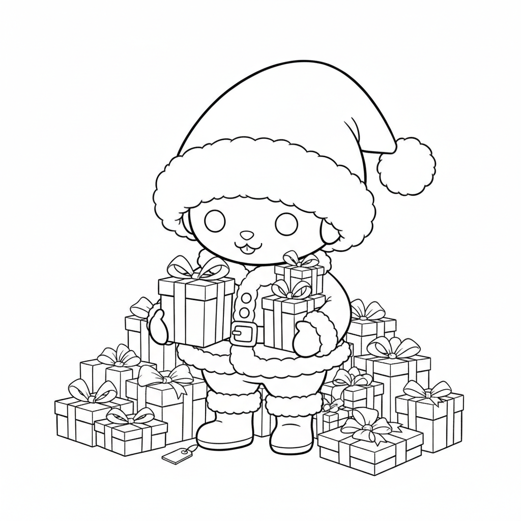 Labubu in a Christmas outfit with Santa hat and presents
