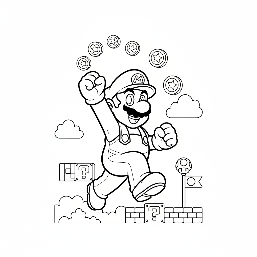 Mario jumping with his fist in the air collecting coins