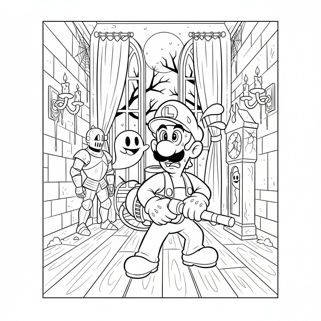 Luigi scared but brave in a haunted mansion