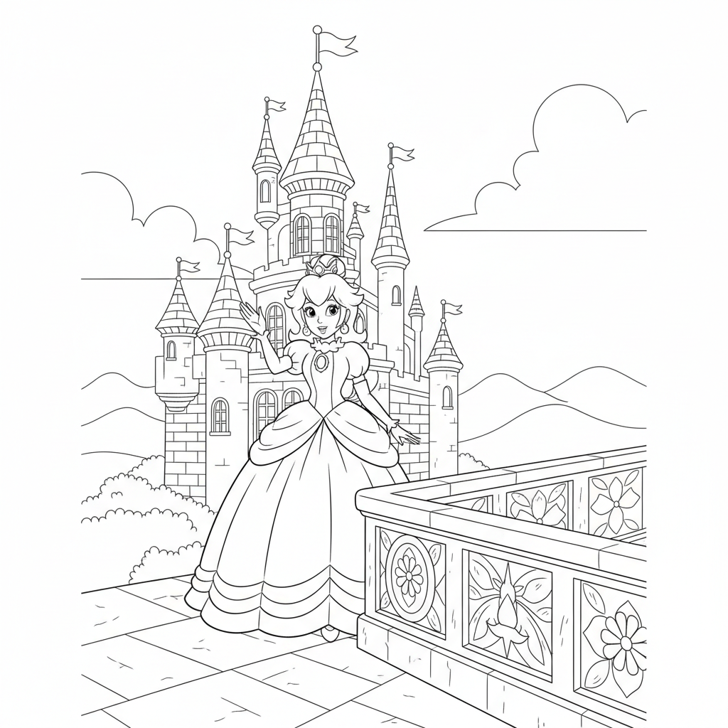Princess Peach in her pink dress waving from a castle balcony