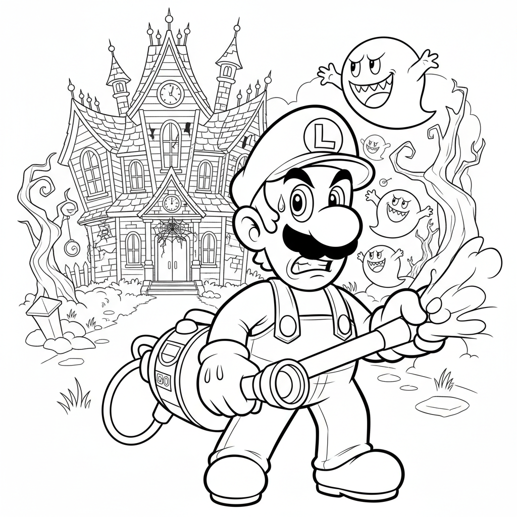 Luigi scared but brave in a haunted mansion