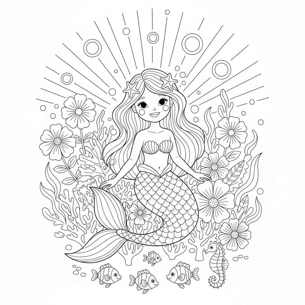 A cute mermaid scene in a garden with flowers and sunshine