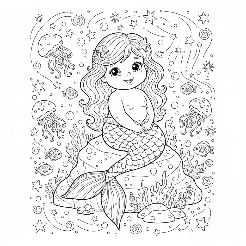 An adorable mermaid character in a magical setting with stars