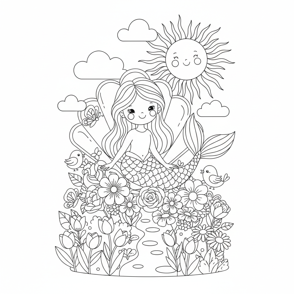 A cute mermaid scene in a garden with flowers and sunshine