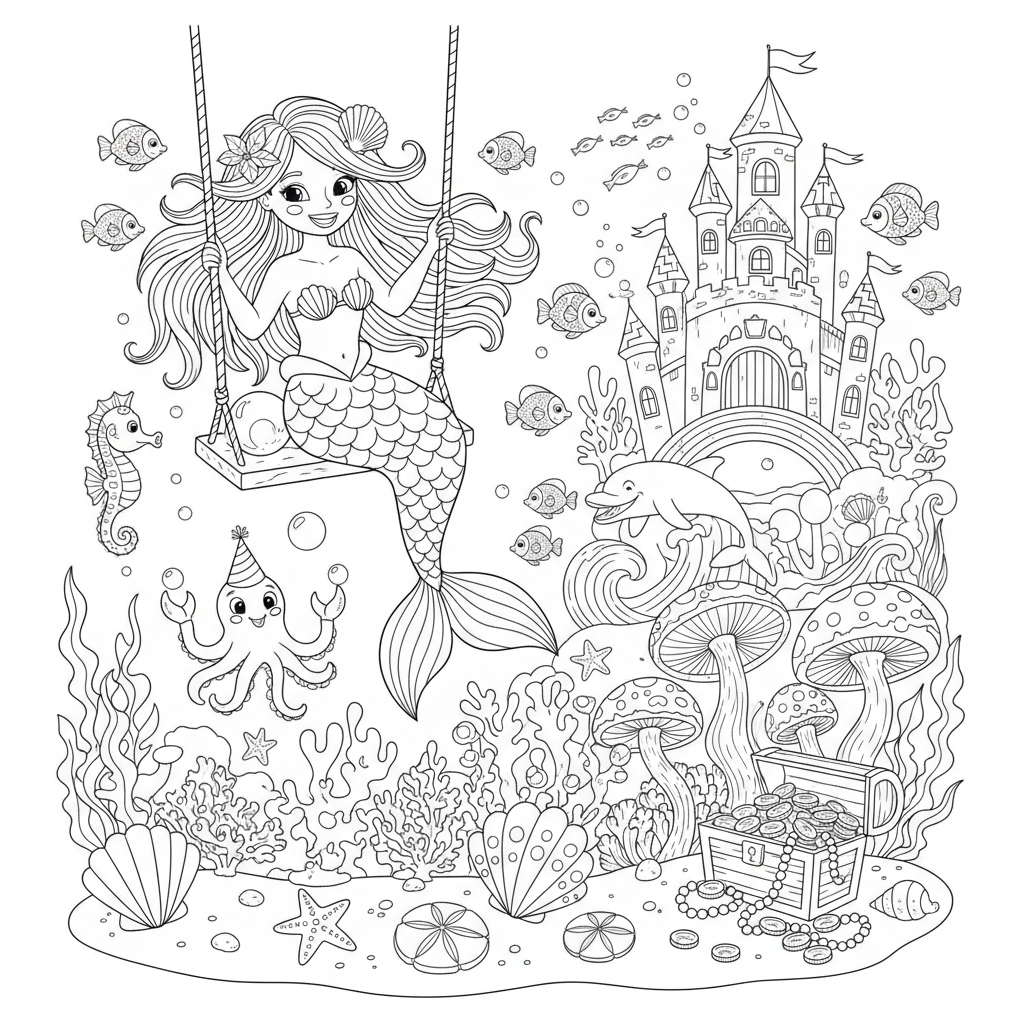 A playful mermaid themed scene with fun details and decorations