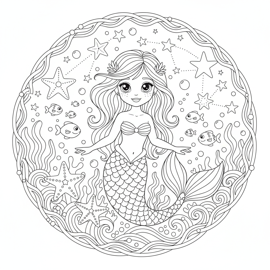 An adorable mermaid character in a magical setting with stars