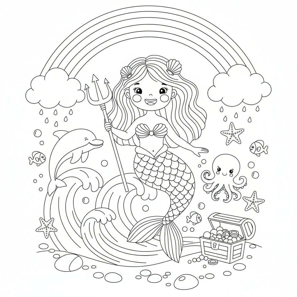 A mermaid themed scene with a rainbow and clouds