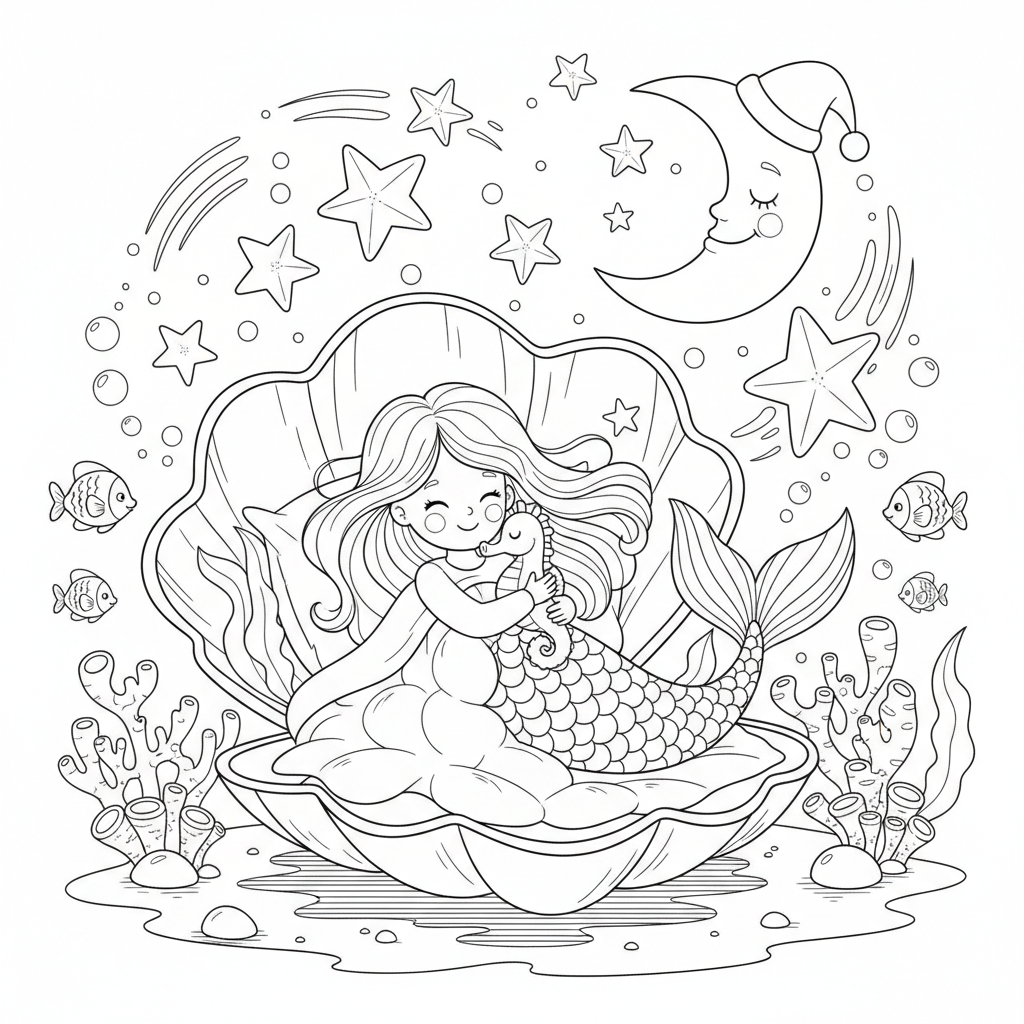 A cute mermaid bedtime scene with moon and stars