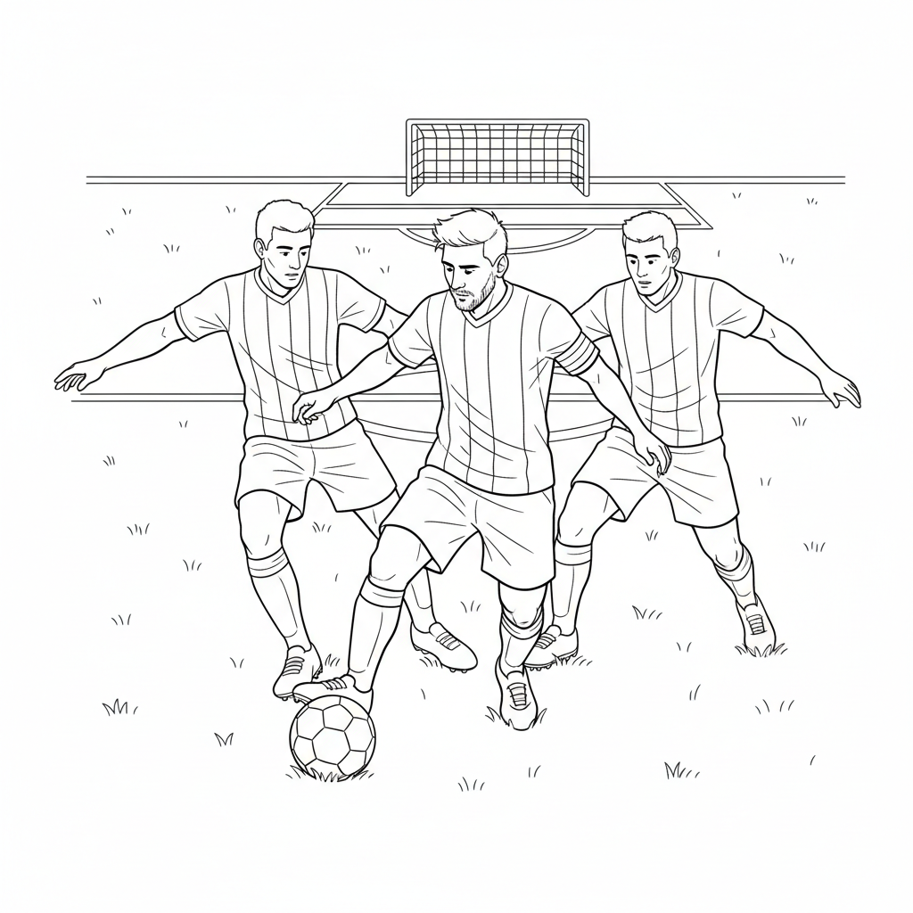 Messi dribbling a soccer ball past defenders on the field