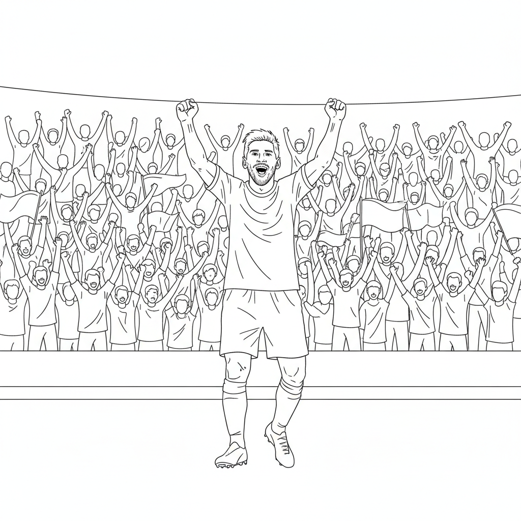 Messi celebrating a goal with arms raised and crowd cheering