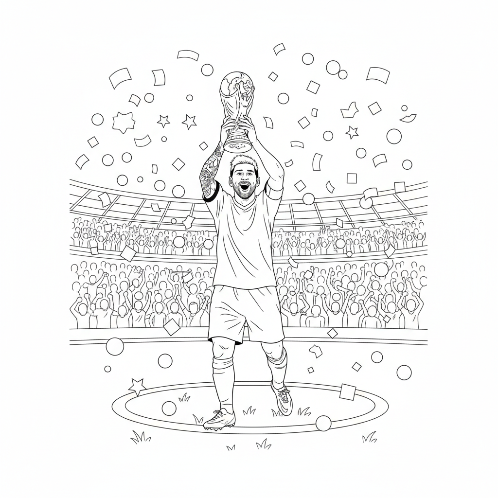 Messi lifting the World Cup trophy with confetti falling