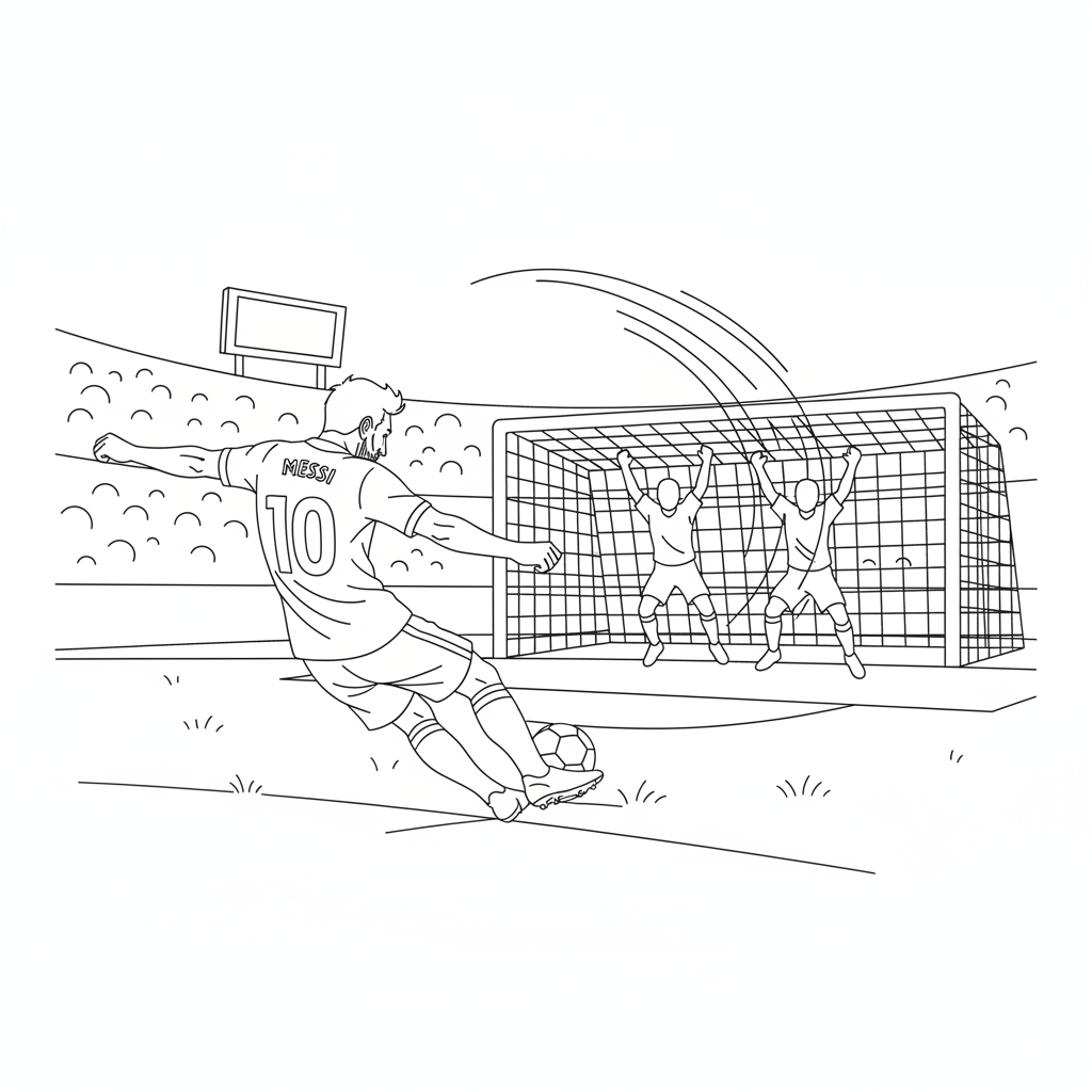 Messi doing a free kick with the ball curving towards goal