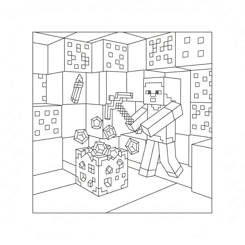 Steve from Minecraft mining diamonds in a blocky cave