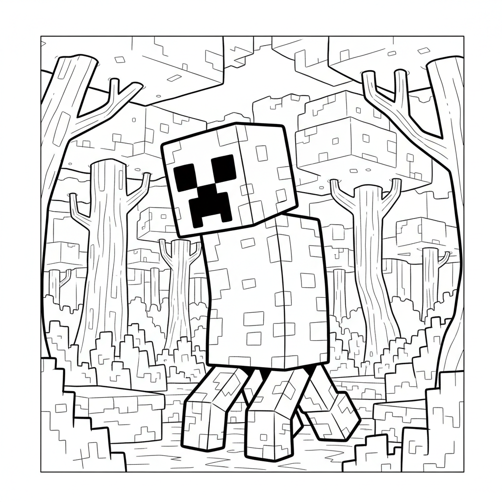 A Creeper standing in a dark Minecraft forest looking scary