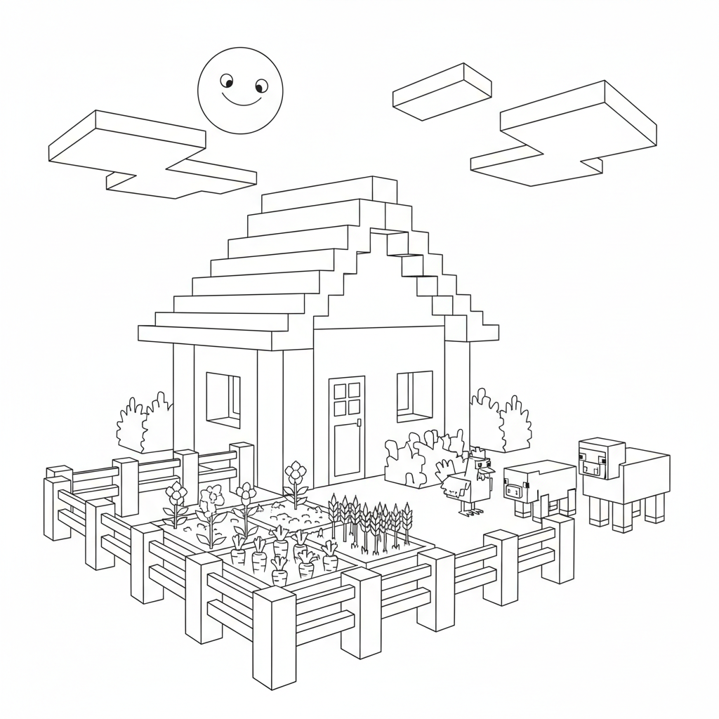 Minecraft house with garden and farm animals in block style