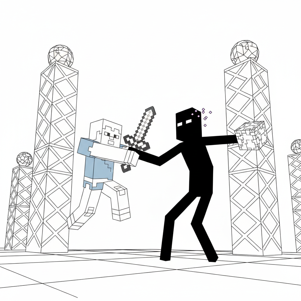 Steve fighting an Enderman in The End dimension