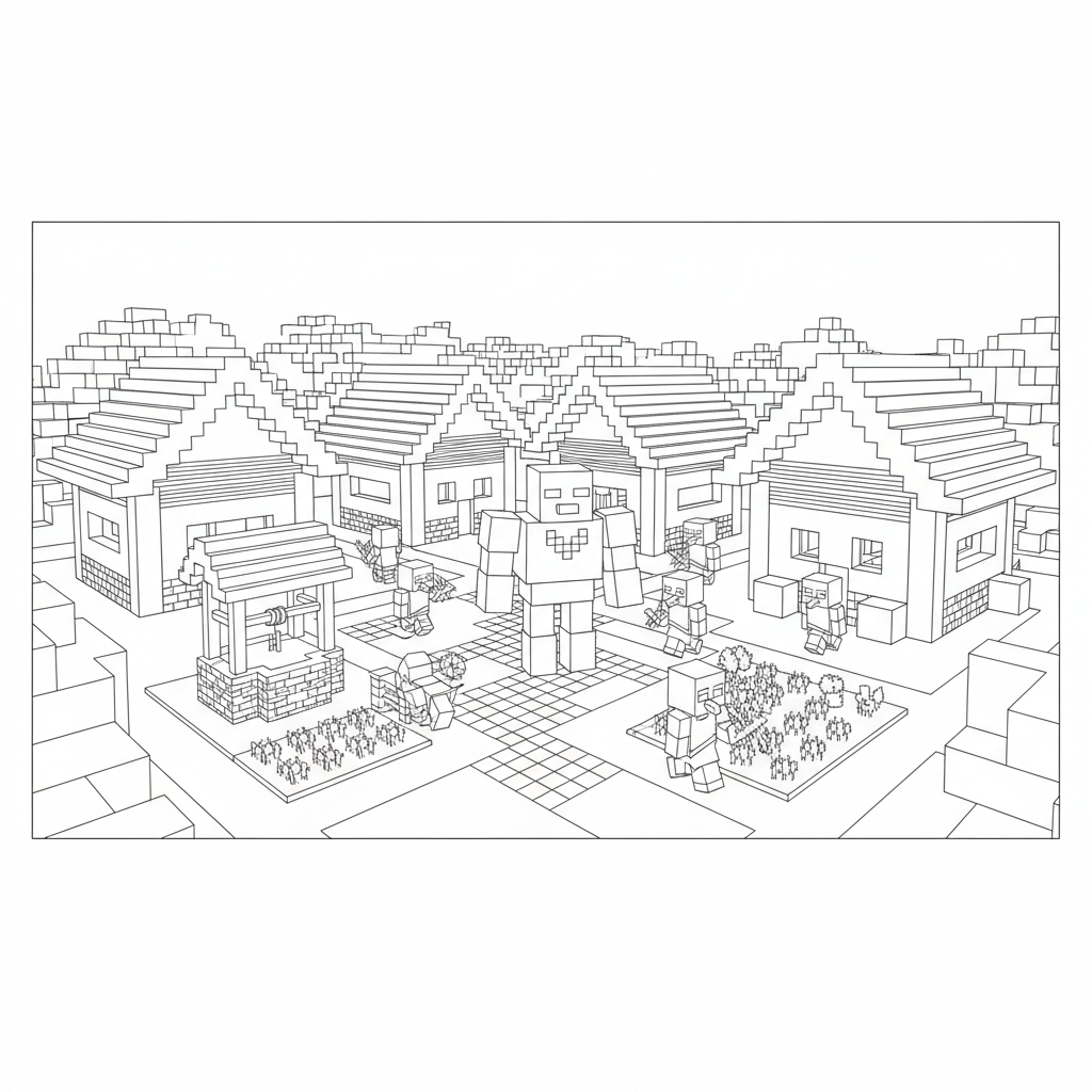 Minecraft village with villagers and iron golem protector