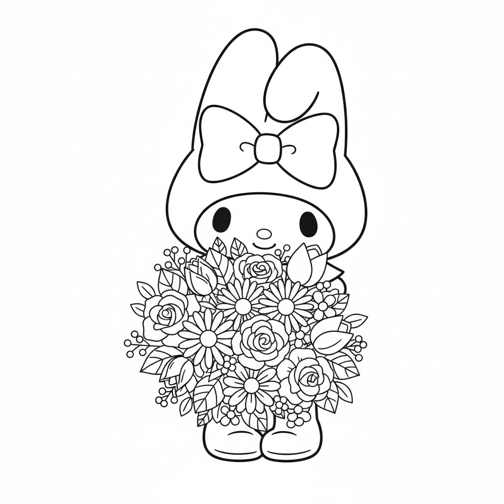 My Melody wearing her pink hood holding a bouquet of flowers