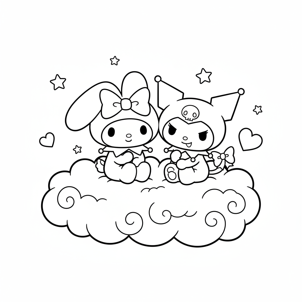 My Melody and Kuromi sitting together on a cloud