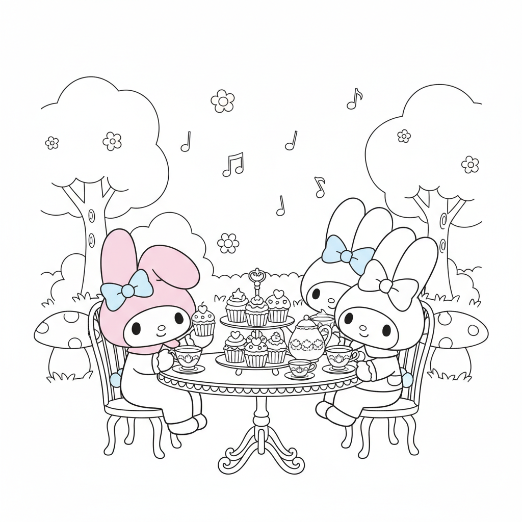 My Melody having a tea party with cupcakes and bunny friends