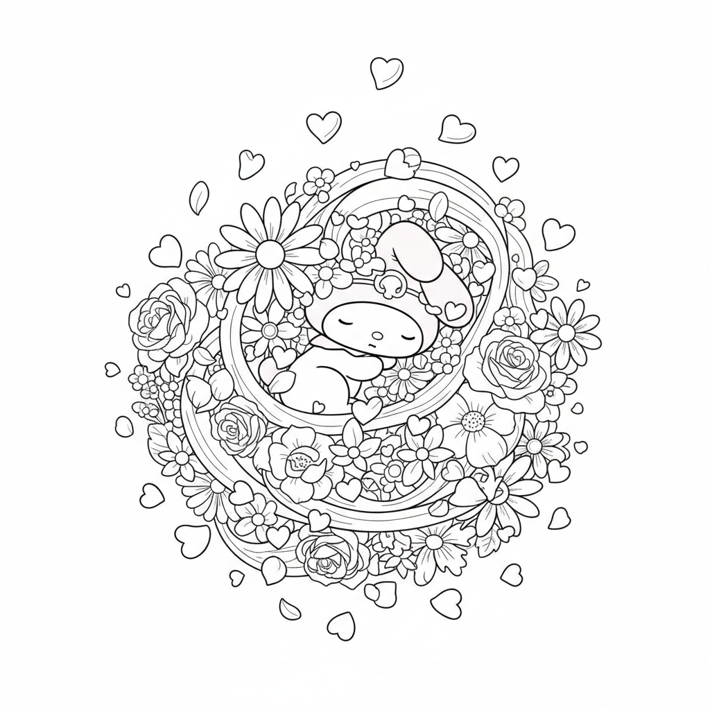 My Melody sleeping in a flower bed surrounded by petals