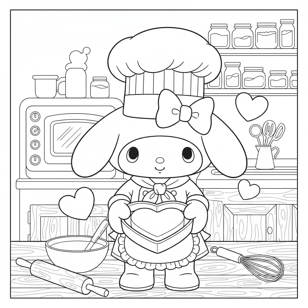 My Melody dressed as a chef baking a heart-shaped cake