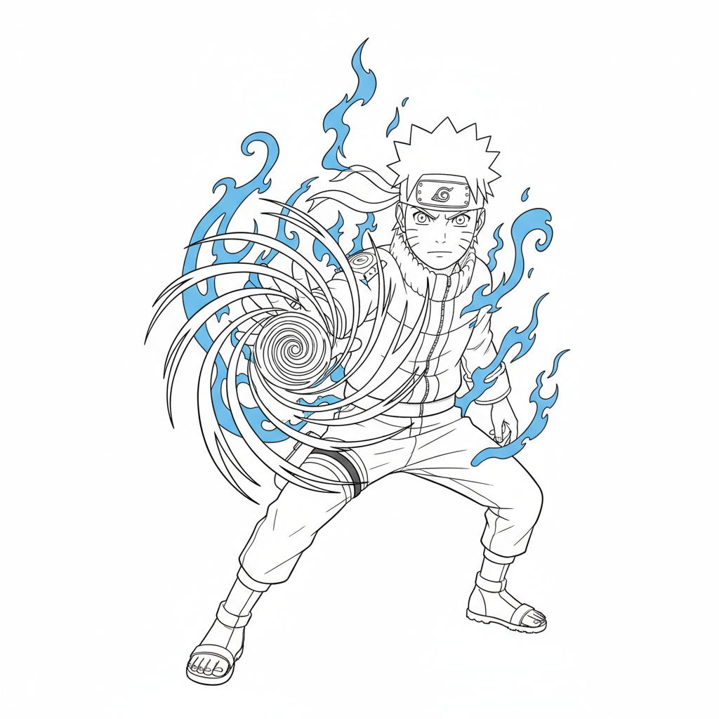 Naruto Uzumaki performing Rasengan with blue chakra swirling