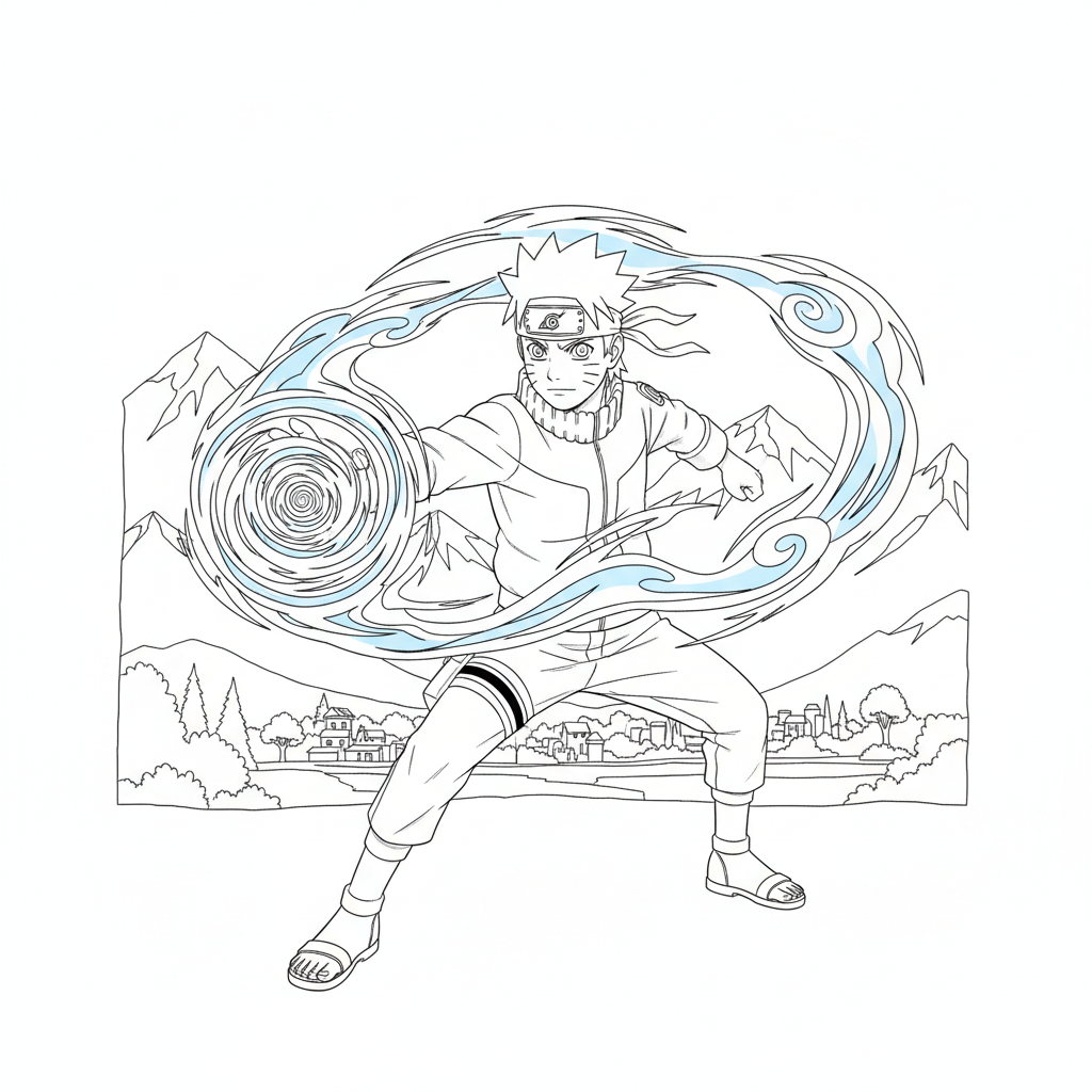 Naruto Uzumaki performing Rasengan with blue chakra swirling