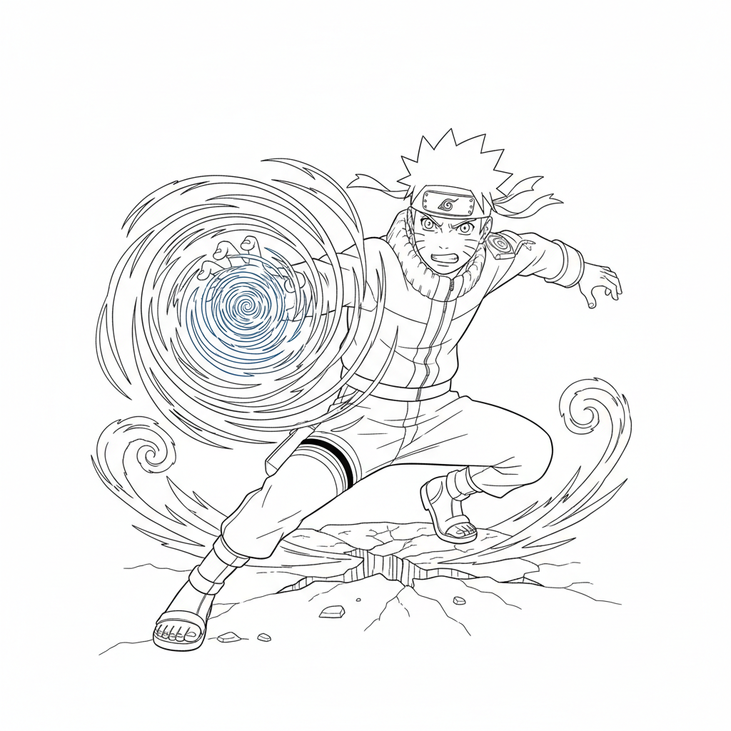 Naruto Uzumaki performing Rasengan with blue chakra swirling