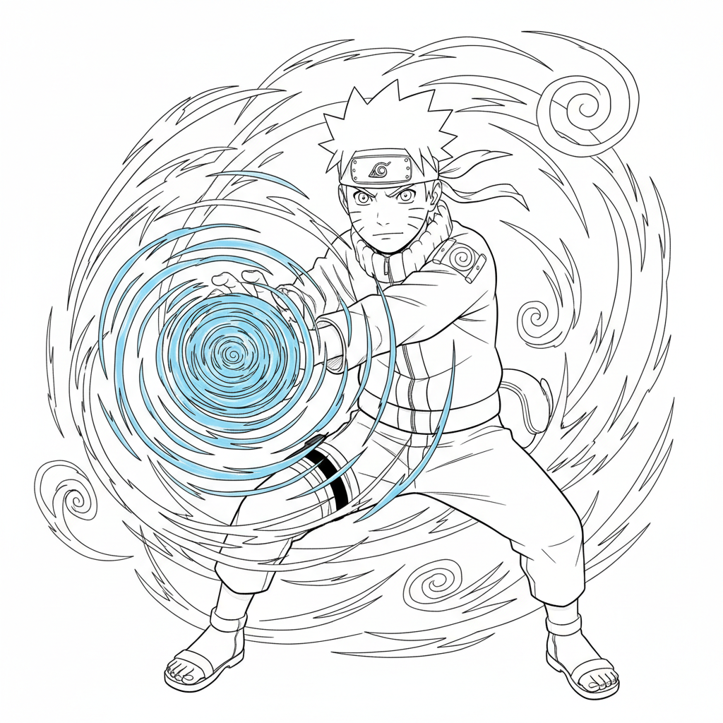 Naruto Uzumaki performing Rasengan with blue chakra swirling