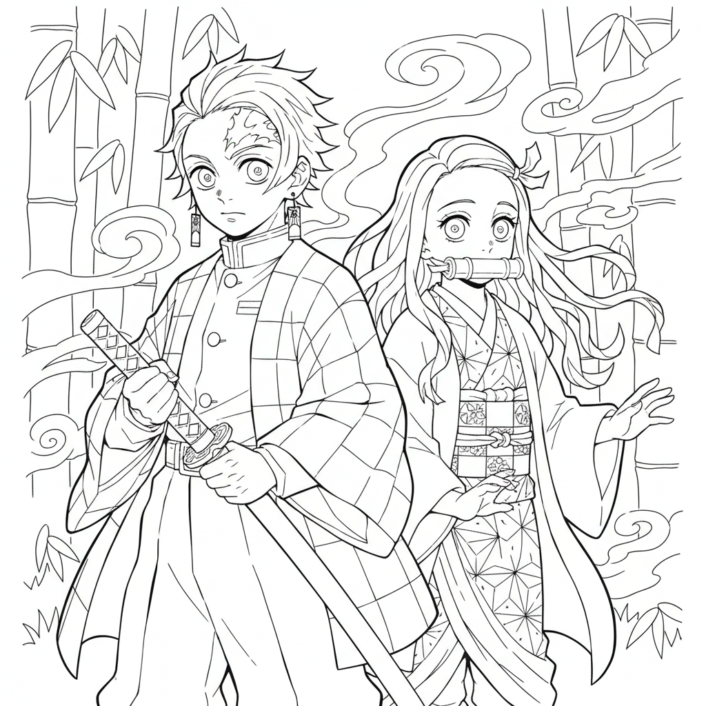 Tanjiro and Nezuko standing together as siblings protectively
