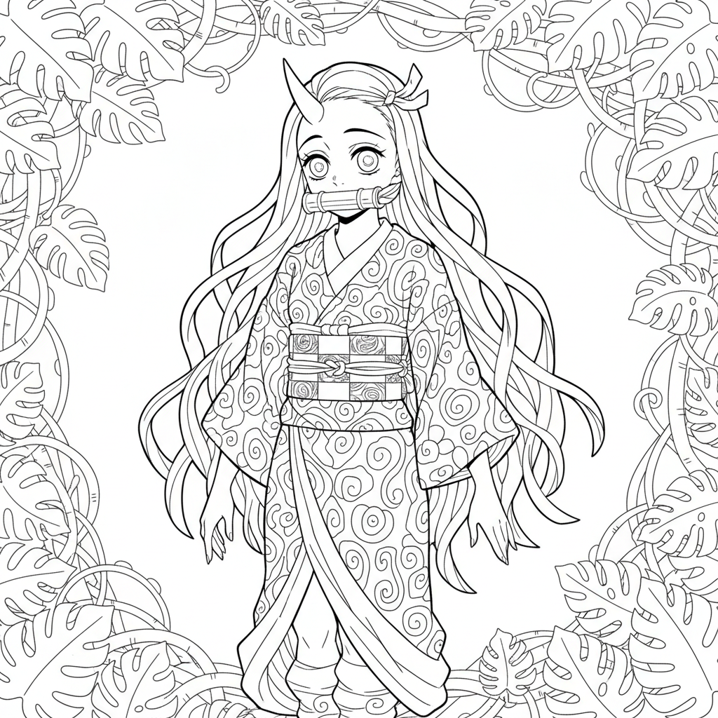 Nezuko in her demon form with horn and vine patterns