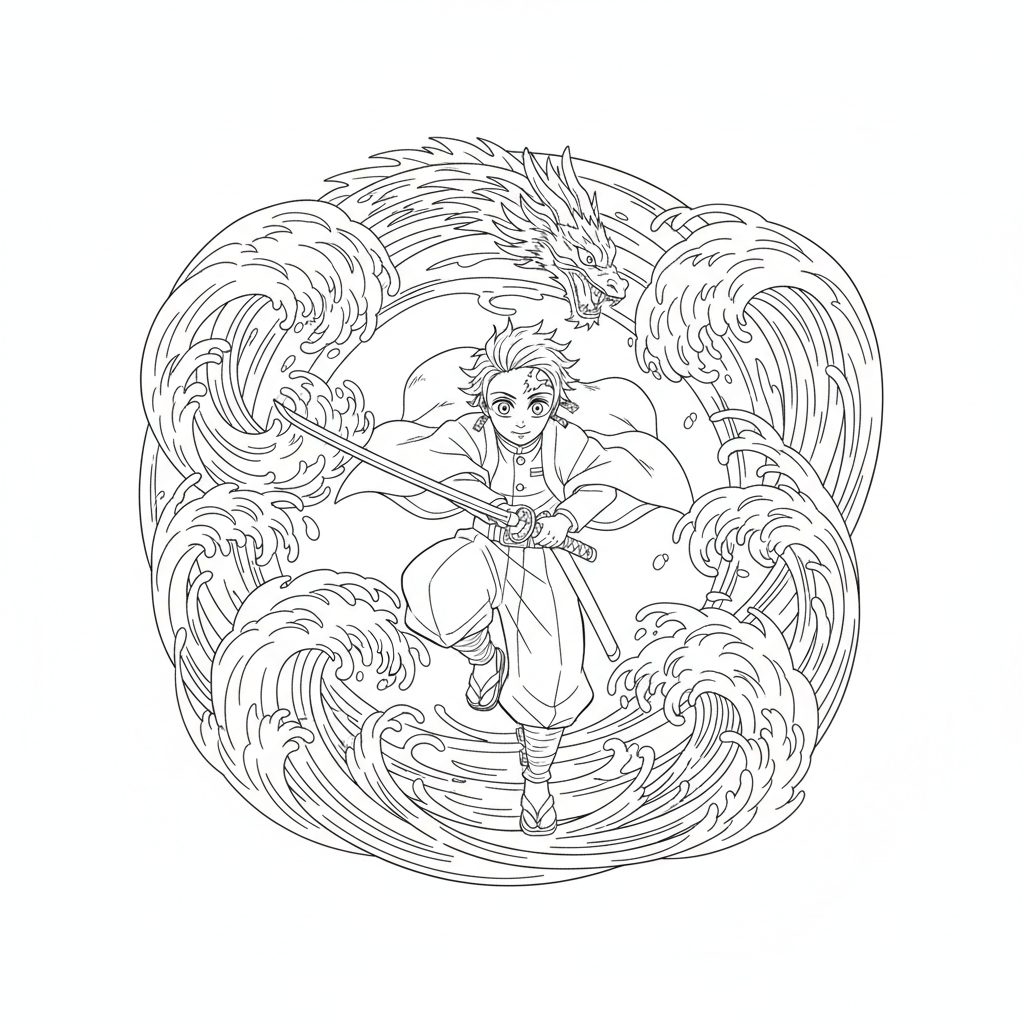 Tanjiro performing Water Breathing with swirling water effects