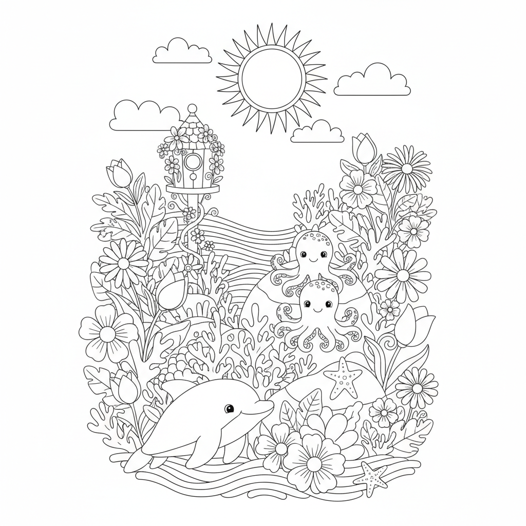 A cute ocean scene in a garden with flowers and sunshine