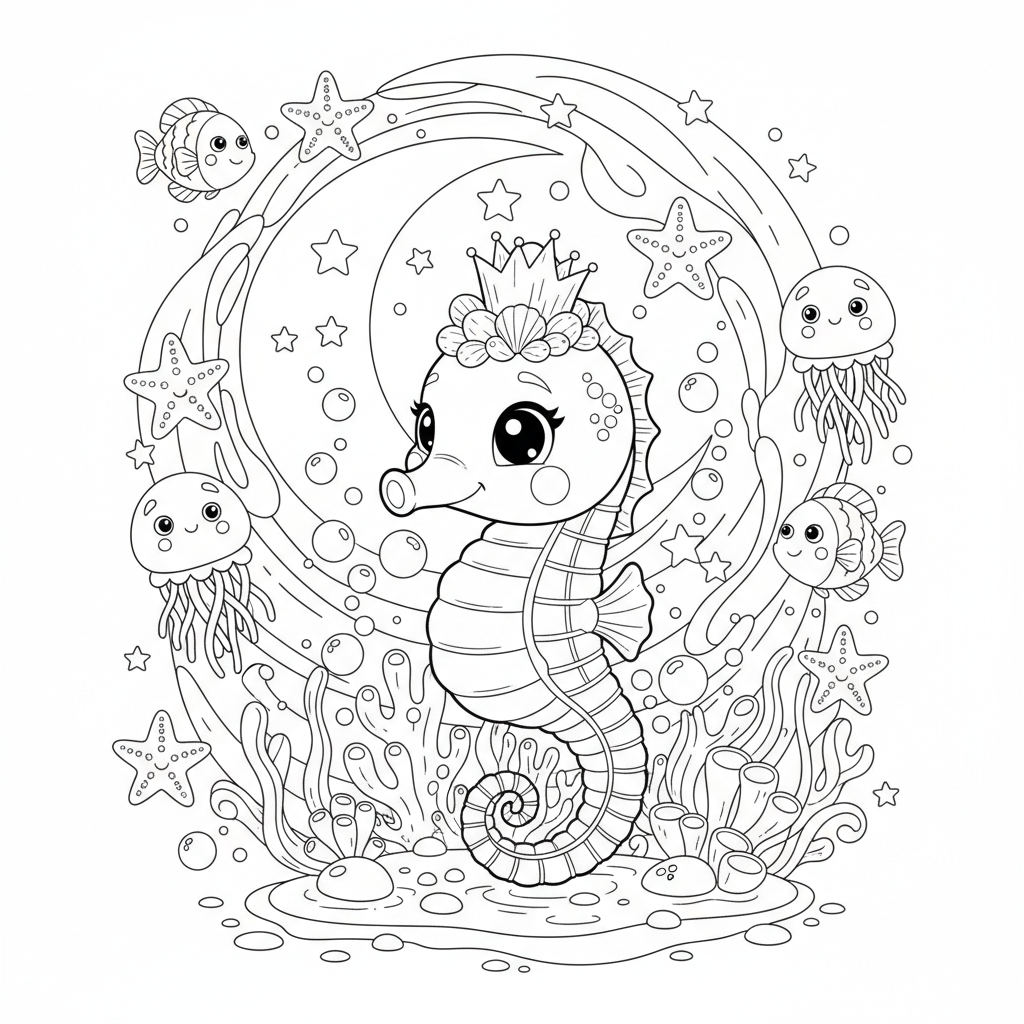 An adorable ocean character in a magical setting with stars