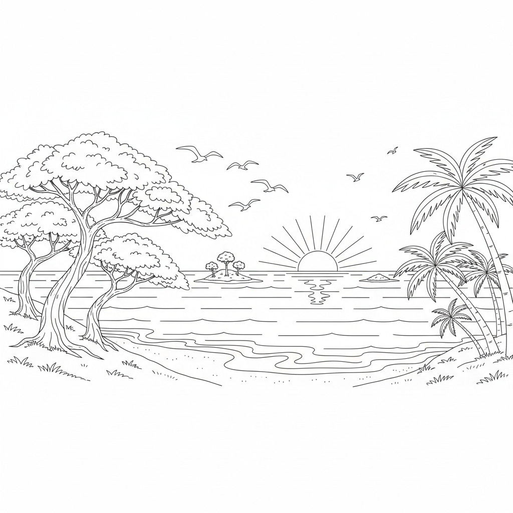 A peaceful ocean scene in nature with trees and birds