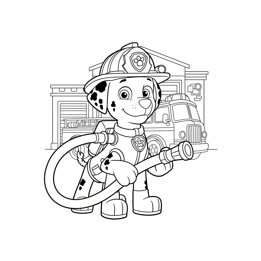 Marshall the Dalmatian in his firefighter outfit with hose